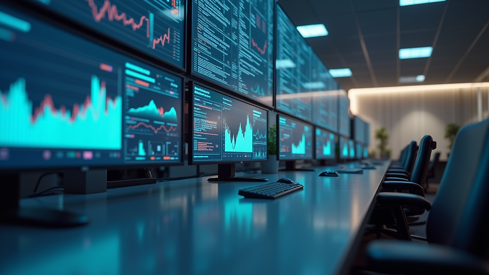 Eye-level view of a modern office workspace with digital screens displaying business analytics