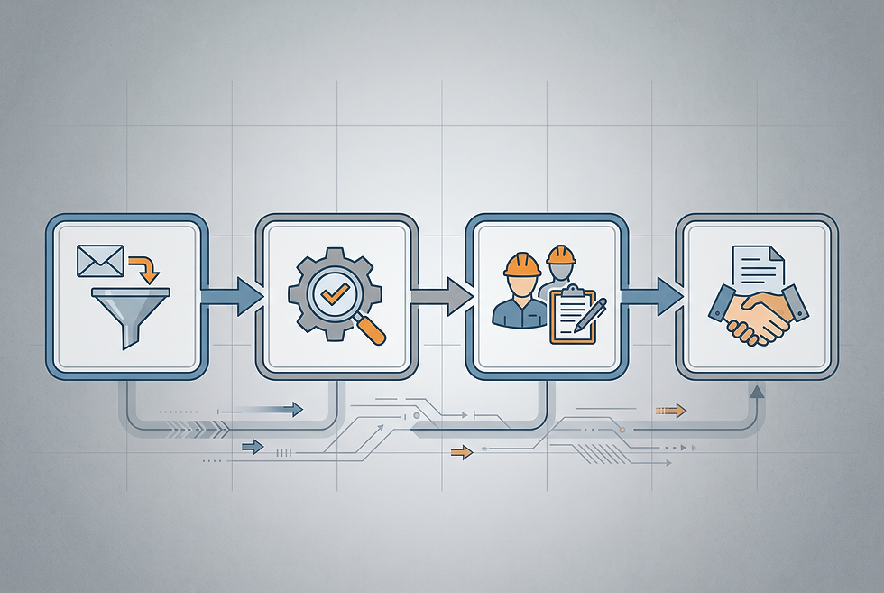 Diagram of an industrial commercial workflow showing technical RFQ qualification and human engineering review.