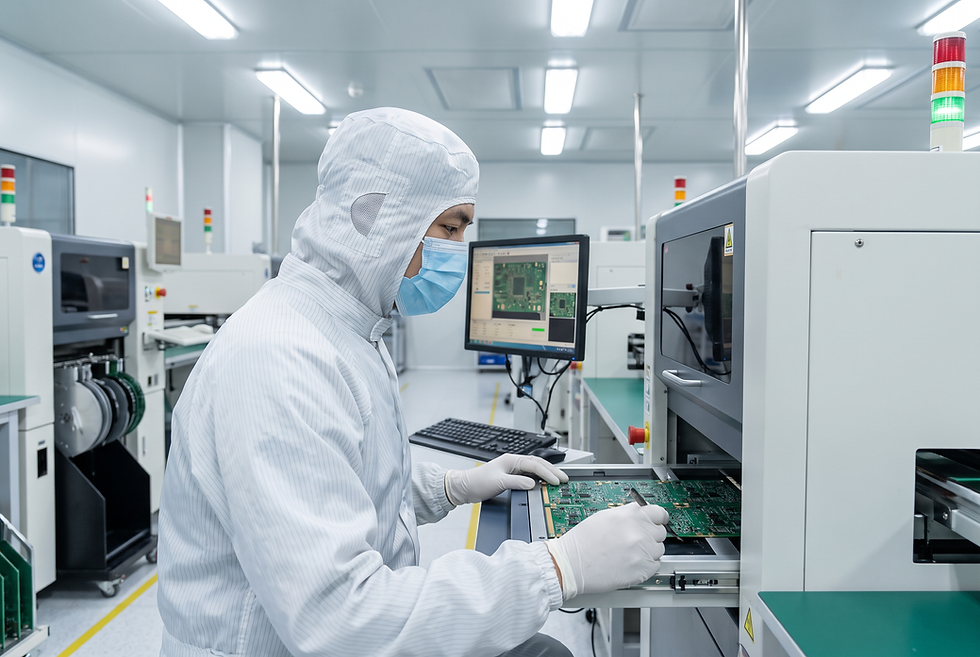 Manufacturing process engineer reviewing printed circuit board assembly data at an automated optical inspection workstation.