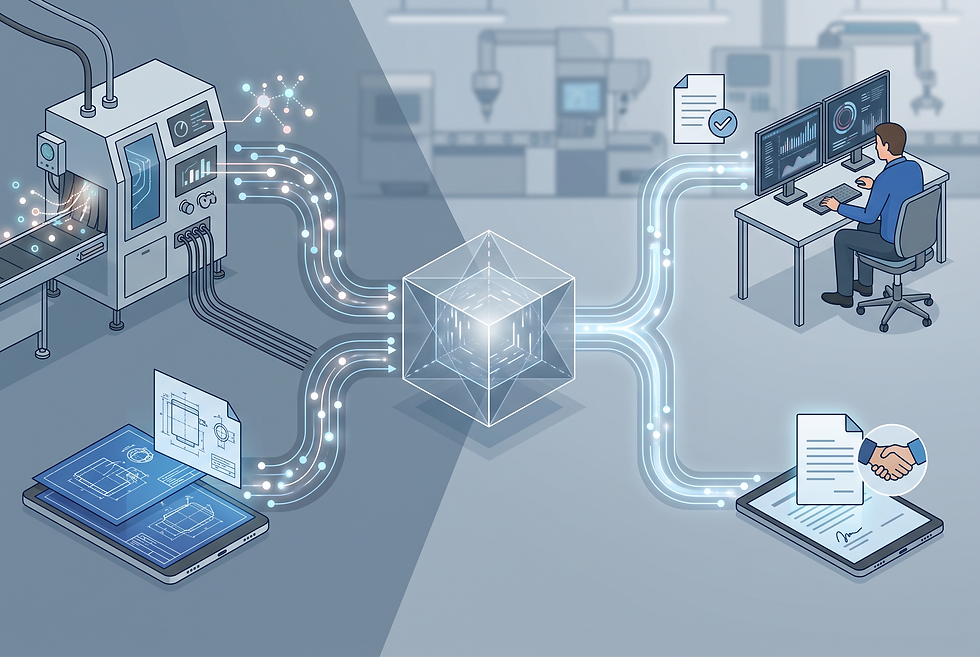Illustration of an automated technical sales workflow showing data ingestion, AI recommendation, and engineering validation.