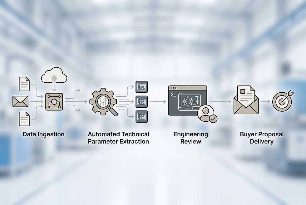 Diagram of an automated industrial equipment sales and engineering qualification workflow.