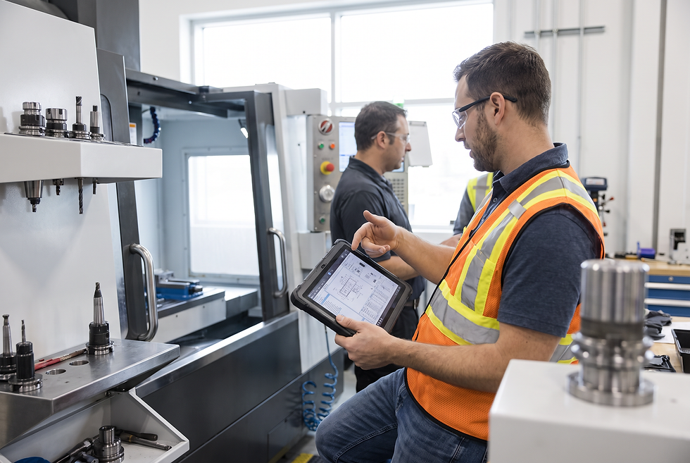 Technical sales engineer reviewing qualified industrial equipment inquiries in a precision manufacturing facility.