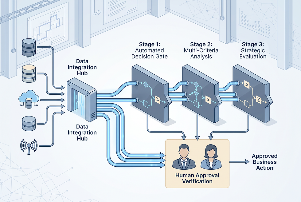 Enterprise decision framework diagram showing autonomous sales workflows and human approval checkpoints.