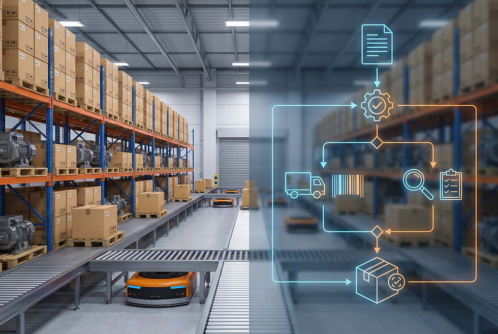 Industrial equipment distribution workflow showing logistics data matching and order status verification processes.