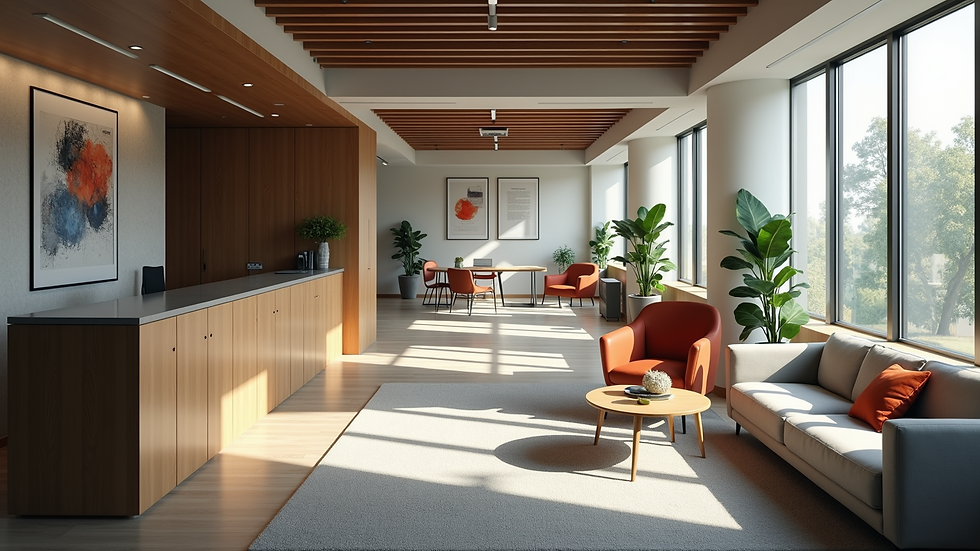 High angle view of a quiet office lounge area with comfortable seating