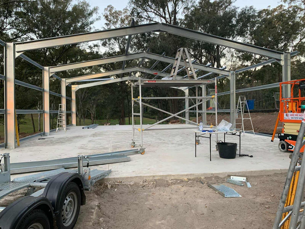 Structural steel frame installation for the new rural shed and horse stable build.