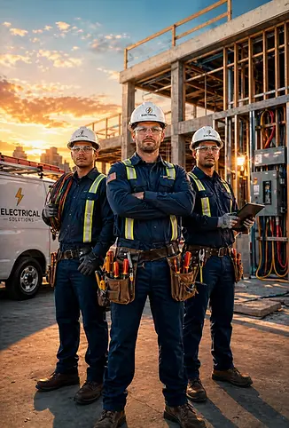 Three electricians in safety gear at a construction site during sunset.