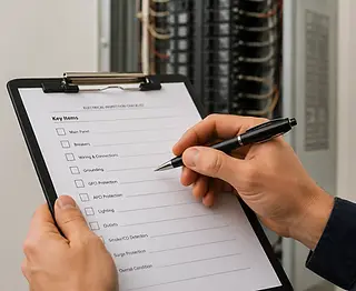 Hand holding a clipboard with an electrical inspection checklist near a circuit breaker panel.