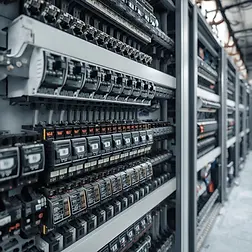 Close-up of a control panel with circuit breakers and electrical components.