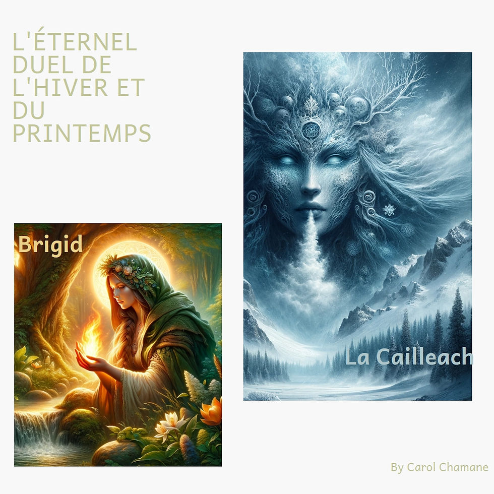 Montage artistique divisé en deux, avec Brigid, déesse celte du printemps, tenant une flamme lumineuse et la Cailleach, figure hivernale, soufflant le froid de l'hiver, symbolisant l'éternel duel entre l'hiver et le printemps