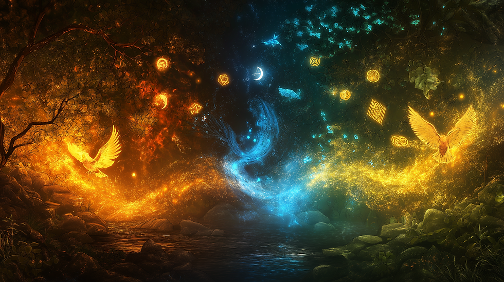 A beautifully dynamic composition showing the interplay between Fire and Water. Golden phoenix-like birds soar above a river of glowing embers and shimmering blue energy. Sacred symbols and celestial elements float in the air, bridging the realms of magic, wisdom, and transformation.