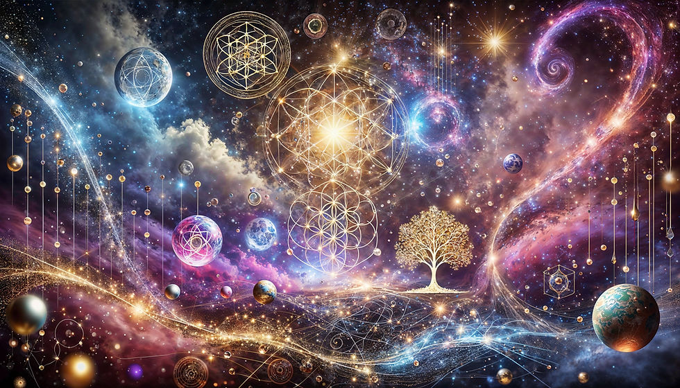 A luminous cosmic tree of life amidst a swirling galaxy, surrounded by intricate sacred ge