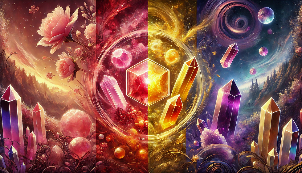 A stunning trio-themed background showcasing rose quartz, garnet, and rhodonite for love and connection; citrine, carnelian, and tiger's eye for creativity and ambition; and amethyst, obsidian, and black tourmaline for protection and strength. Each section features vibrant colors and radiant crystals, blending harmoniously to symbolize balance and energy.