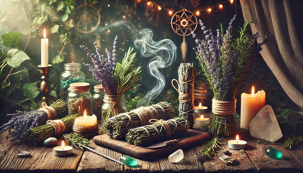 A magical setting featuring fresh herbs like lavender and sage, smudge sticks releasing soft smoke, glowing candles, and crystals on a rustic wooden table.