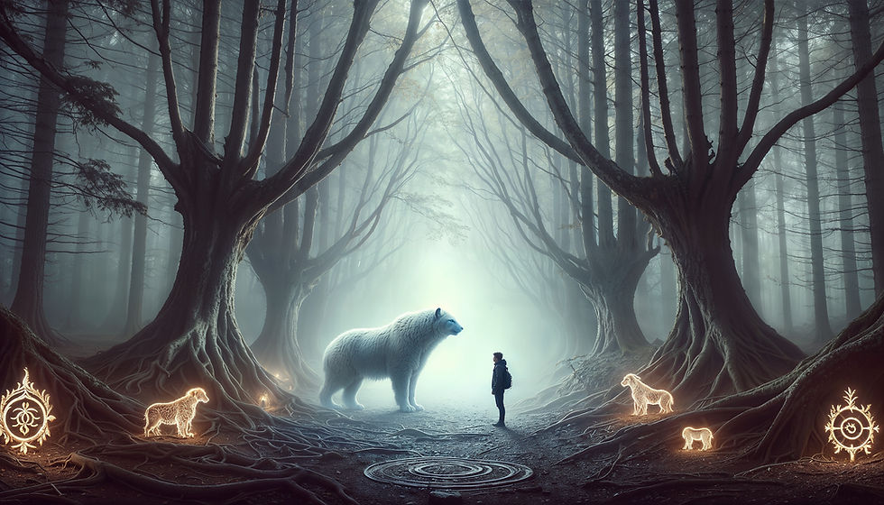 A lone traveler encounters a massive spectral bear in a twilight forest, surrounded by glowing ancestral animal spirits embedded in the roots.