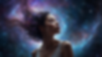 A woman with cosmic energy flowing through her hair stands in serene meditation, surrounded by a swirling nebula of stars and galaxies. This mystical visual represents spiritual awakening, universal connection, divine feminine energy, and the journey beyond the veil.