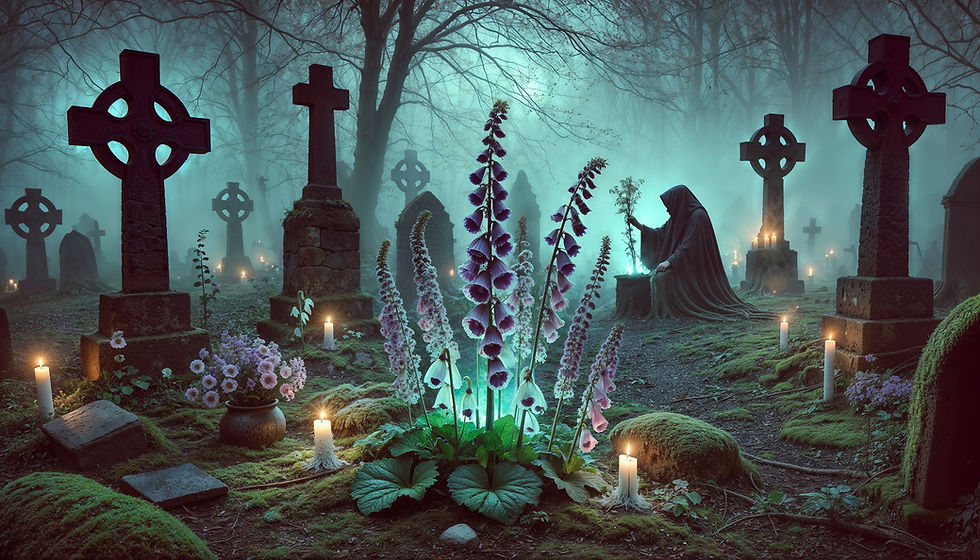 A cloaked figure tends to glowing foxglove and elder plants amid ancient graves and candlelight—symbolizing herbs grown for ancestral rites.