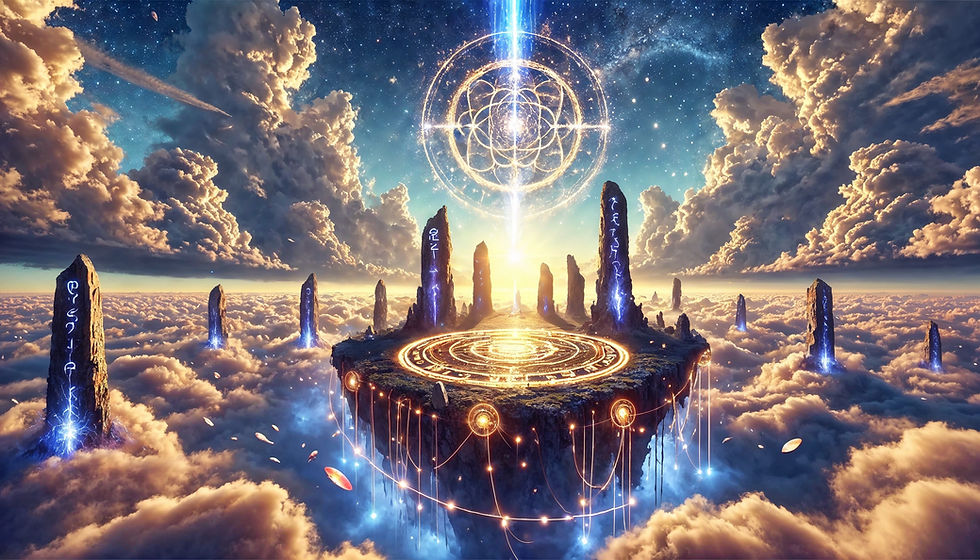 A floating island inscribed with golden glyphs hovers above the clouds, encircled by levitating monoliths glowing with ethereal blue. A radiant beam connects heaven and earth, weaving stars and stone into a symphony of suspended spellwork and sacred ascent.