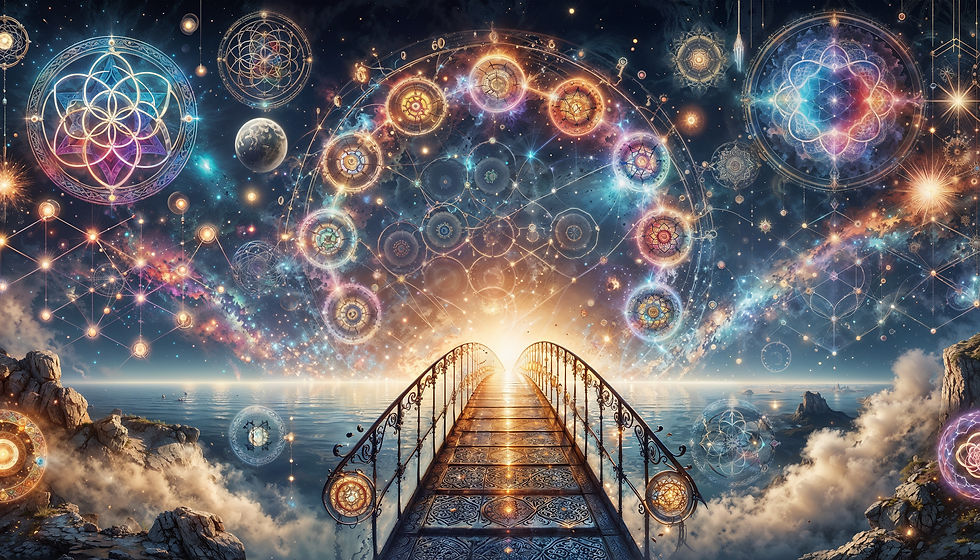 A stunning cosmic bridge glowing with radiant light and intricate designs stretches across a surreal starry horizon. The background features sacred geometry symbols, planets, and galaxies, creating an otherworldly, harmonious journey through numerology.
