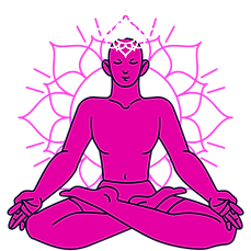 A serene, meditative figure sitting cross-legged in a lotus position, depicted in vibrant magenta, symbolizing the Crown Chakra. The chakra symbol, resembling a lotus with an intricate design, is positioned at the top of the head. A radiant, glowing lotus mandala surrounds the figure, symbolizing spiritual enlightenment and higher consciousness.
