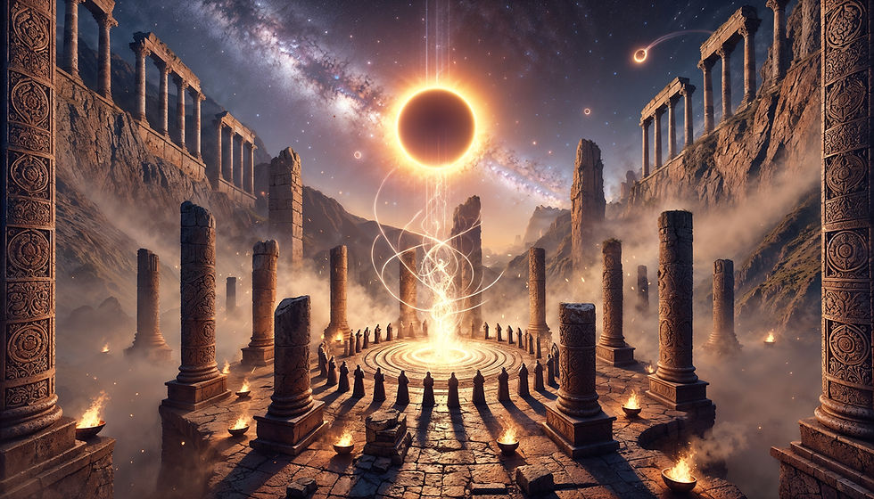 Amidst a forgotten sunken temple, robed initiates surround a glowing spiral beneath a solar eclipse. Golden light weaves sky to stone, as the Milky Way drapes the horizon in silence. Ancient power stirs where flame and orbit converge.
