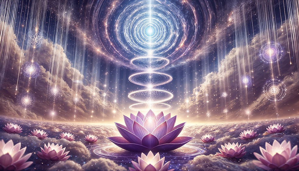 A majestic, purple lotus floating above a vortex of light, surrounded by delicate pink lotus flowers on a bed of clouds. A spiraling beam of light stretches into the star-filled sky, symbolizing enlightenment and divine connection. The environment feels sacred and otherworldly.