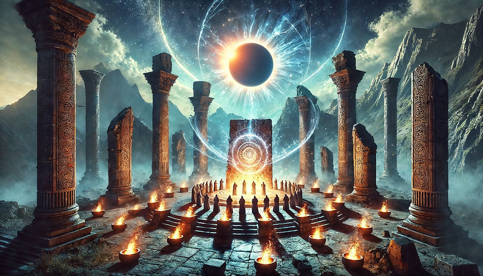 A sacred rite unfolds within a circle of towering ruins, where cloaked figures stand around a blazing portal under a cosmic eclipse. The sun’s corona ignites a radiant halo, while fire bowls cast shadows across the mountain stone—ritual meets celestial ignition.
