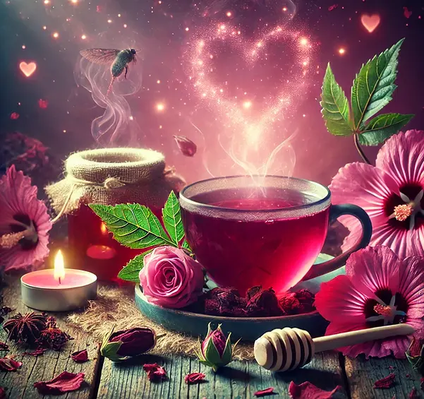 A magical and enchanting illustration of Love Infusion tea, featuring a steaming cup of deep pink tea surrounded by dried rose petals, hibiscus flowers, damiana leaves, and a jar of honey. A glowing pink candle adds warmth and romantic energy, while sparkles of magical light swirl in the air, evoking the essence of love and connection.