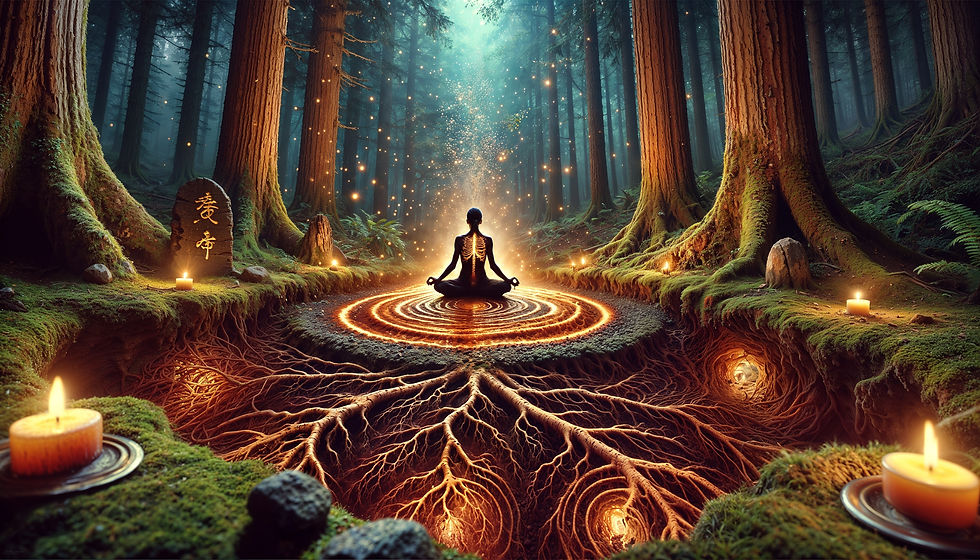 A glowing skeletal figure meditates above radiant root patterns in a forest, surrounded by candles and ancestral energy.
