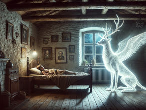 A glowing, winged stag-serpent watches over a sleeping child in an old ancestral room, symbolizing a bloodline spirit beast that returns across generations.