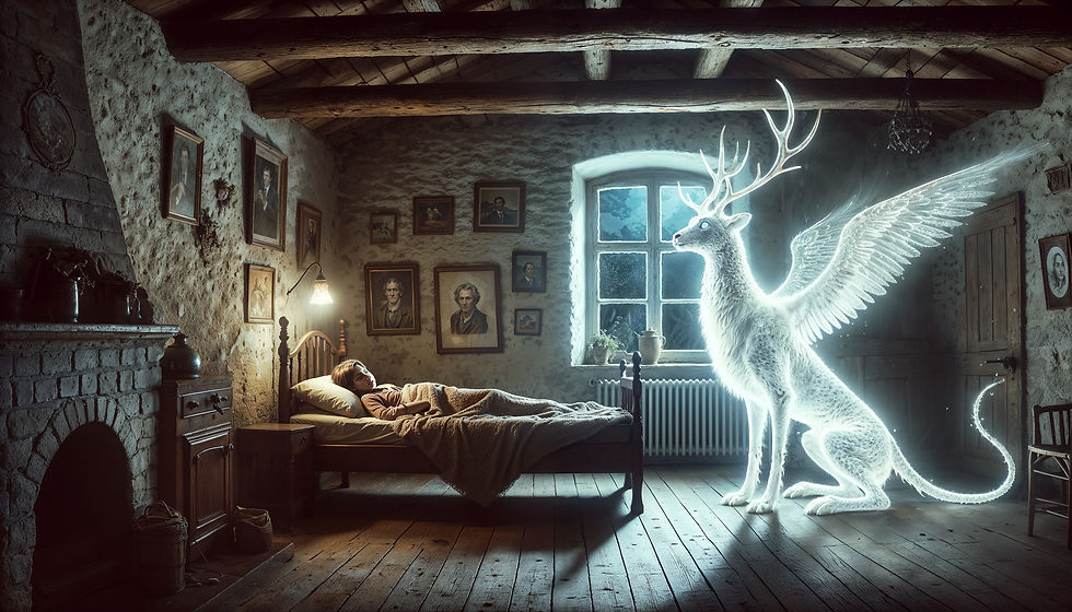A glowing, winged stag-serpent stands beside a sleeping child in an old ancestral bedroom, symbolizing a bloodline-bound astral guardian watching silently.