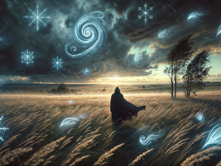 A lone figure moves through windswept grass under a storm-lit sky filled with glowing air symbols, evoking the mysterious power of unseen elemental forces.