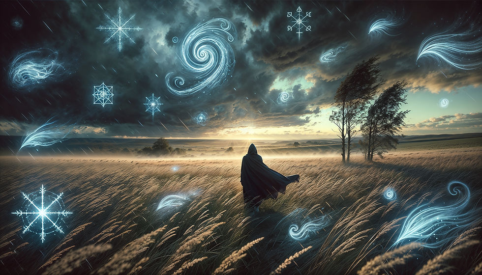 A cloaked figure walks through golden fields as mystical air sigils swirl in a stormy sky—symbolizing the living magic of the Element of Air.