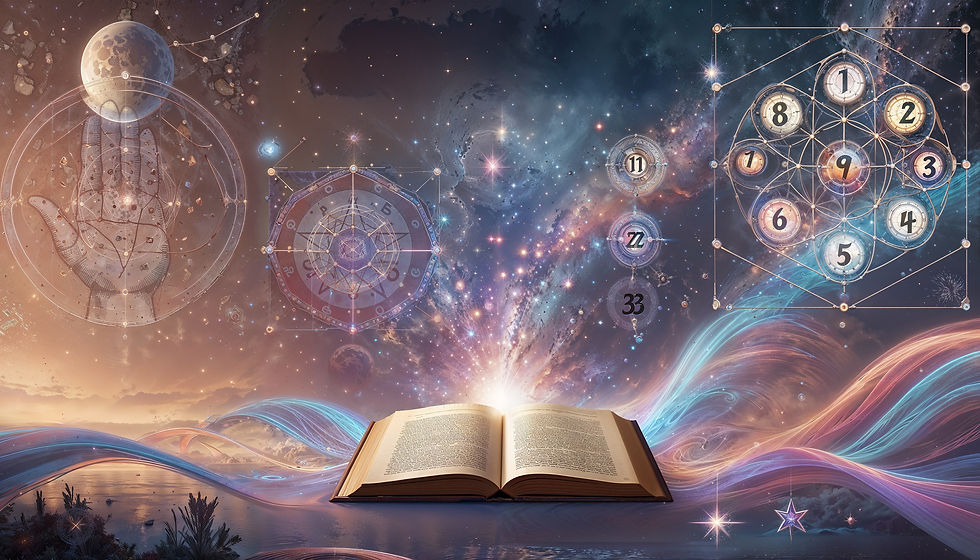A glowing magical book lies open on a cosmic surface, radiating soft streams of light. Sacred geometric patterns, constellations, and vibrant waves of energy float in the background, symbolizing discovery, wisdom, and connection to universal rhythms.