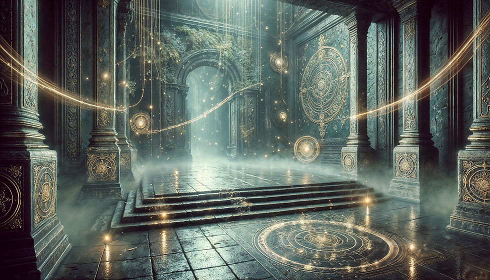 Elegant enchanted hall with ornate stone pillars, golden magical symbols, and drifting energy threads, creating a serene spiritual ambiance in a hyper-realistic fantasy environment.
