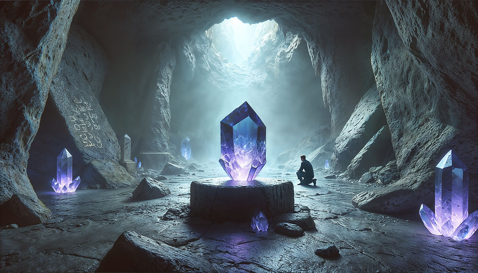 A person kneels before a massive glowing gemstone inside a cave, surrounded by runes—representing the return of a long-awaited soulstone.