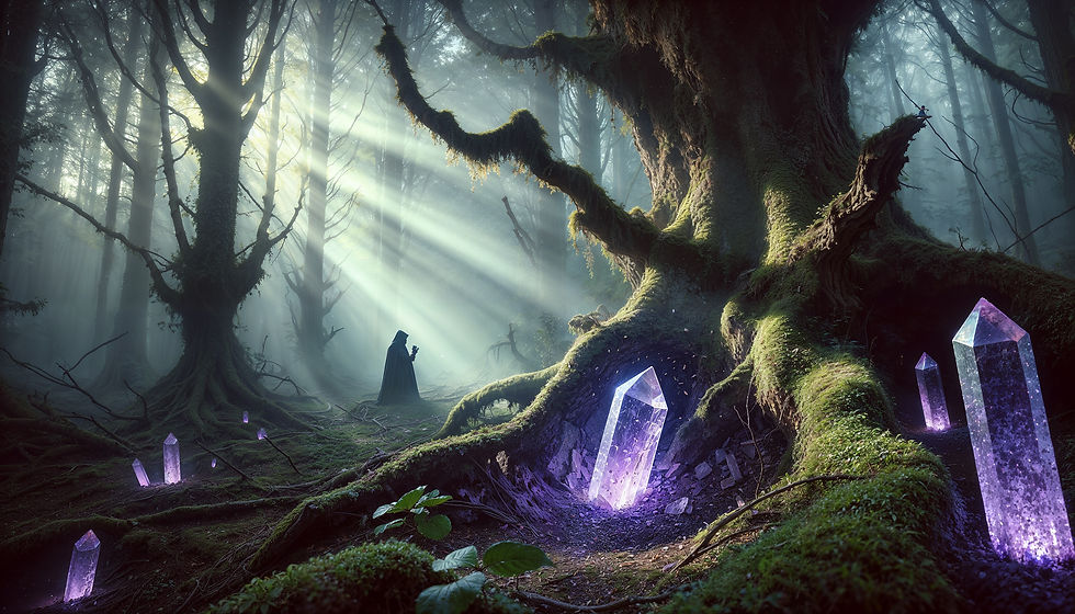 A cloaked figure walks through a sunlit forest surrounded by glowing violet crystals, symbolizing hidden soulbound stones waiting for the right resonance.