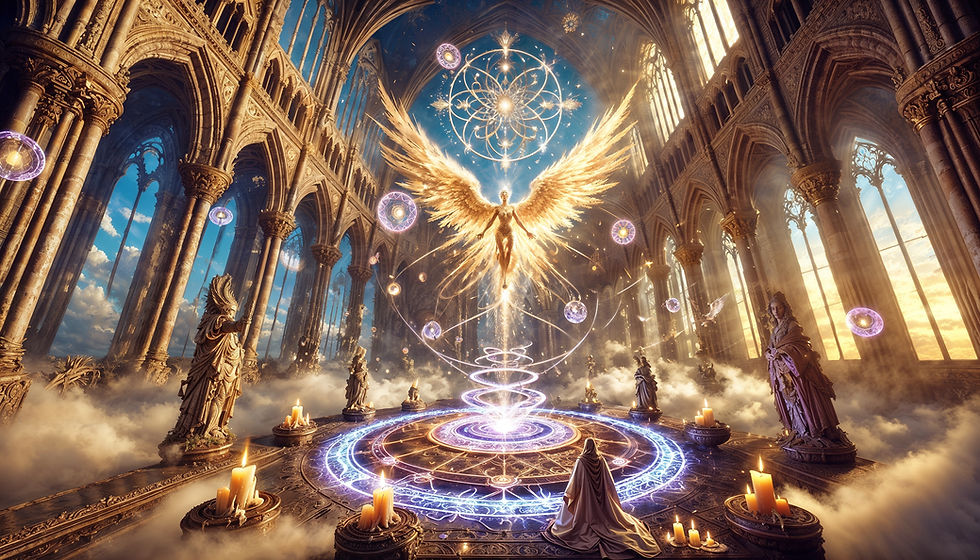 Bathed in golden starlight, a radiant archangel descends into a candlelit cathedral as robed seekers call down divine guidance beneath sacred geometry, surrounded by clouds and ancient statues.