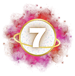A golden sphere with a mystical orbiting ring, set against deep crimson and purple nebulae. Representing introspection and spirituality, it reflects the profound energy of Life Path 7.