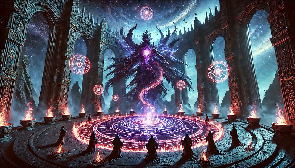 Ancient sorcerers channel celestial energy in a ruined cosmic temple as a void-born spirit manifests through a flaming summoning circle, surrounded by radiant sigils and mountainous realms beyond space.