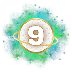 A golden celestial body with a soft ring, floating in emerald green and teal cosmic mists. Reflecting compassion and wisdom, it embodies the humanitarian spirit of Life Path 9.