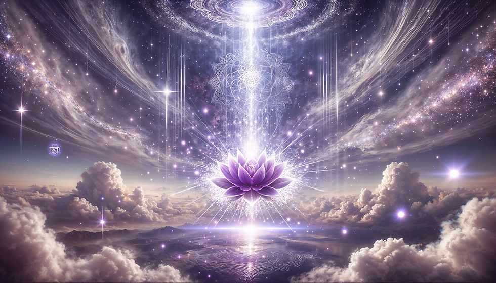 A luminous, violet lotus flower hovers over a swirling pattern of light on a vast sea of clouds. A brilliant beam of cosmic energy connects the lotus to the sky, merging with intricate celestial patterns. The background features a star-filled sky, creating an atmosphere of spiritual awakening and cosmic unity.