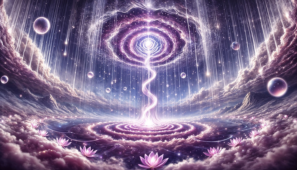 A magnificent, glowing lotus flower rests atop swirling clouds, illuminated by a radiant spiral of white light ascending to the sky. Luminous orbs and star-like patterns cascade from above, while pink lotuses bloom across the cloud-filled landscape. The scene exudes tranquility, spiritual ascension, and celestial beauty.