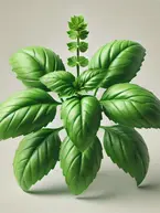 A vibrant Basil plant with broad green leaves and delicate flowers, symbolizing protection, love, and abundance.