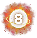 A glowing golden planet with a prominent ring, surrounded by bold orange and fiery red clouds. Embodying power and ambition, it symbolizes the authority and abundance of Life Path 8.