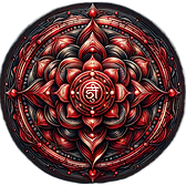 A circular, intricately designed mandala in rich red and dark hues, featuring the Root Chakra symbol at its center. The design incorporates symmetrical patterns resembling flower petals, giving a sense of rootedness and primal energy.