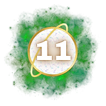 A golden orb encircled by a glowing ring, immersed in luminous green cosmic energy. Representing spiritual awakening and heightened intuition, it captures the visionary nature of Master Number 11.