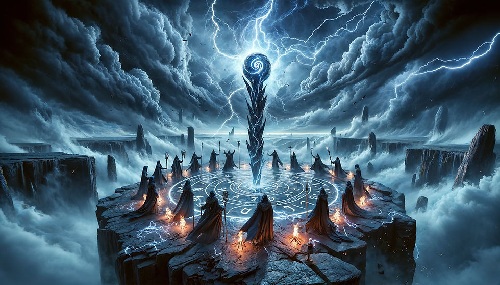 A circle of hooded figures gathers on a storm-torn plateau, surrounding a spiraling monolith crackling with celestial lightning. Arcane symbols pulse beneath their feet as energy rises into a tempest sky, where thunder meets invocation in a rite of raw power.