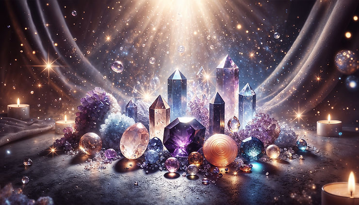 An exquisite spiritual altar adorned with radiant crystals, including citrine, amethyst, and labradorite. The glowing gemstones are set against flowing velvet fabric, illuminated by candlelight, creating a sacred and enchanting ambiance.