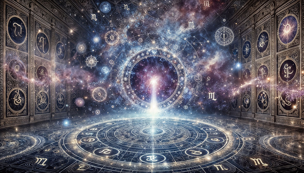 A mesmerizing cosmic gateway surrounded by celestial symbols and zodiac constellations, representing the profound connection between astrology, numerology, and fate’s hidden design. This magical scene captures the secrets of the universe and the blueprint of the soul.